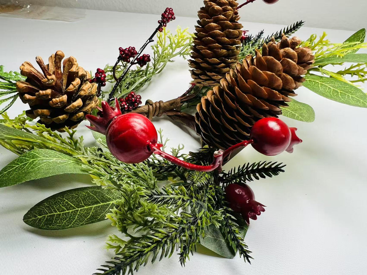 Rustic Pinecone Candle Ring with Berries and Greenery - Winter Christmas Table Centerpiece Decor
