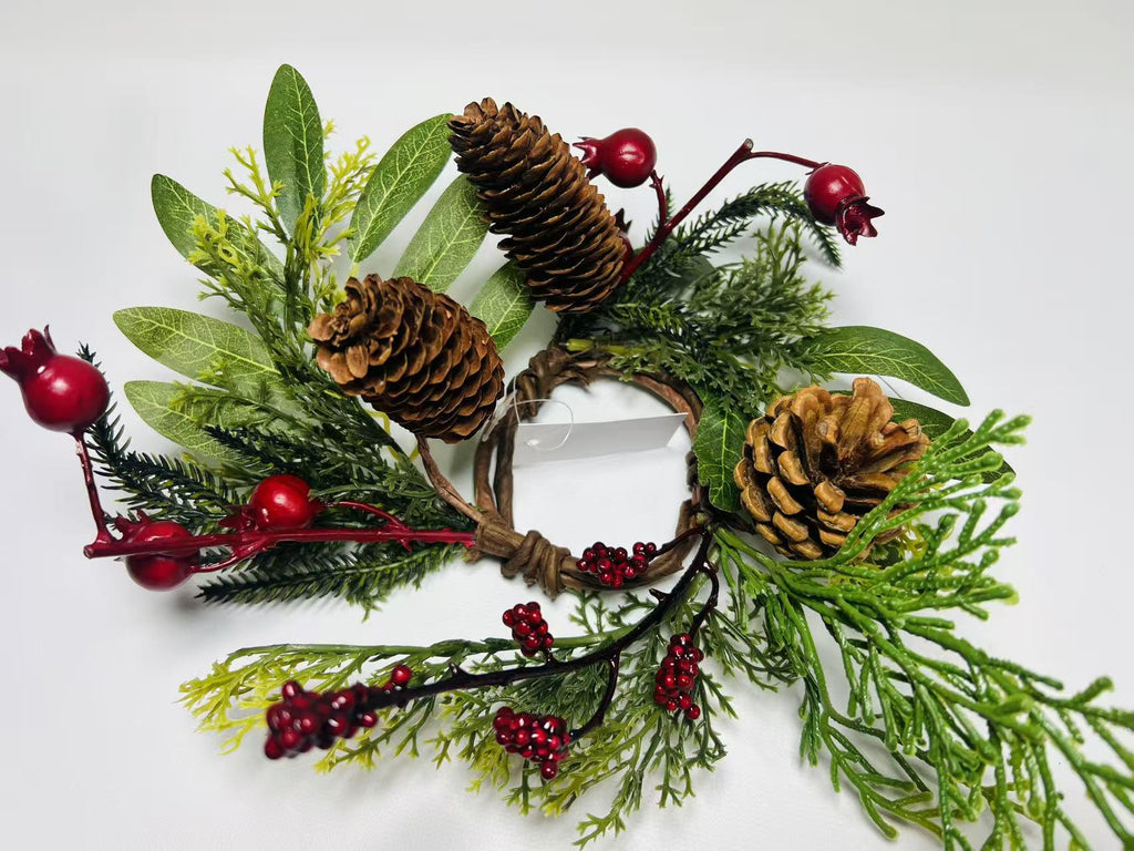 Rustic Pinecone Candle Ring with Berries and Greenery - Winter Christmas Table Centerpiece Decor