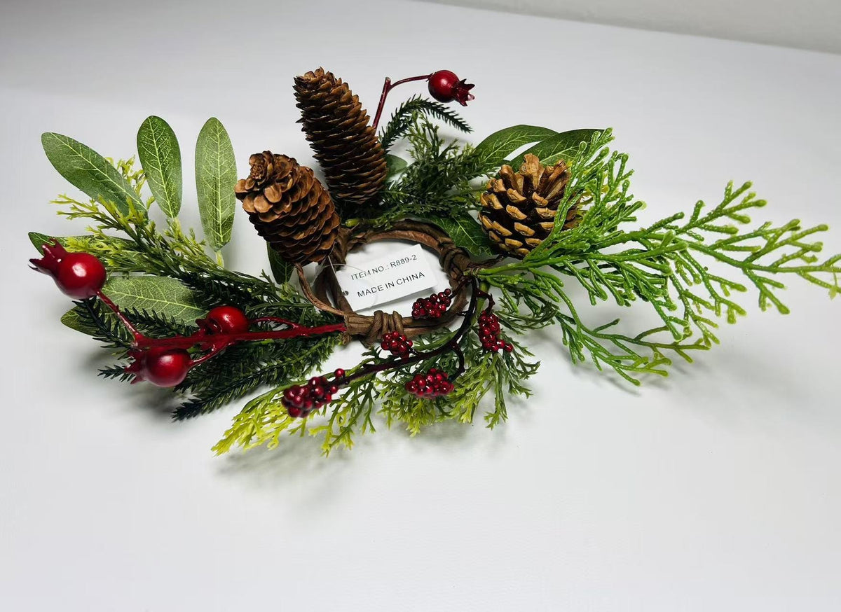 Rustic Pinecone Candle Ring with Berries and Greenery - Winter Christmas Table Centerpiece Decor
