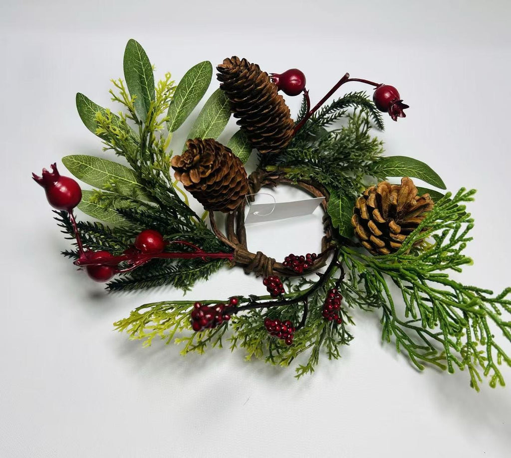 Rustic Pinecone Candle Ring with Berries and Greenery - Winter Christmas Table Centerpiece Decor