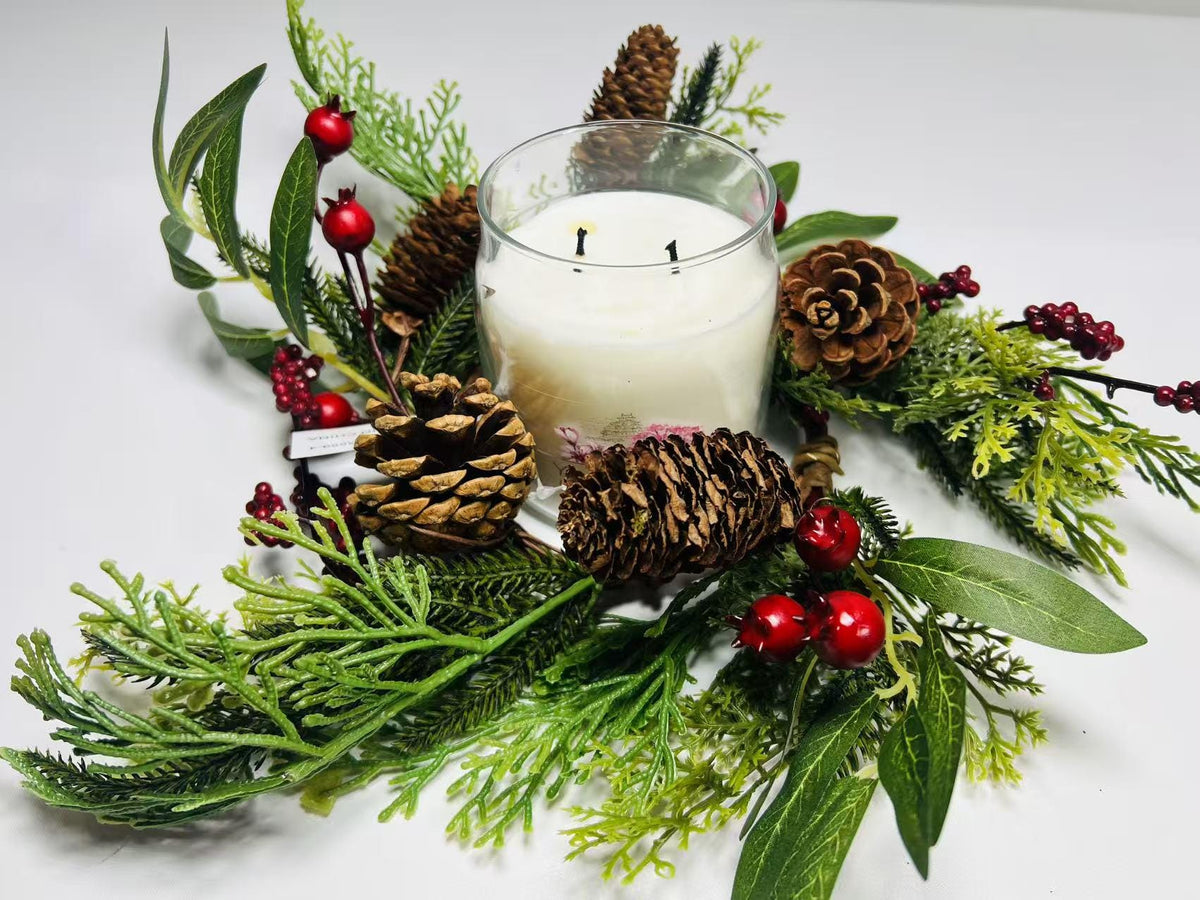 Rustic Pinecone Candle Ring with Berries and Greenery - Winter Christmas Table Centerpiece Decor