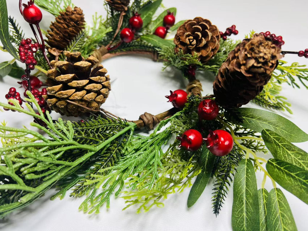 Rustic Pinecone Candle Ring with Berries and Greenery - Winter Christmas Table Centerpiece Decor