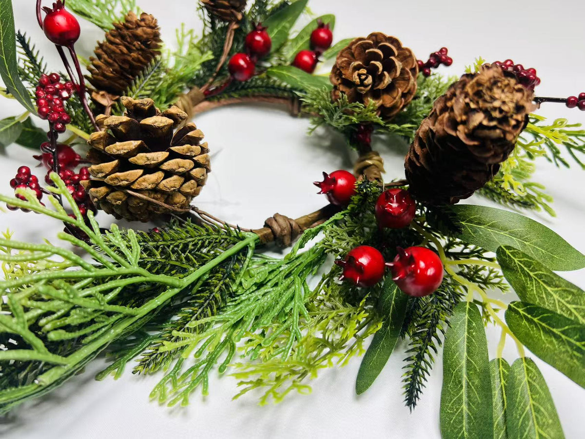 Rustic Pinecone Candle Ring with Berries and Greenery - Winter Christmas Table Centerpiece Decor