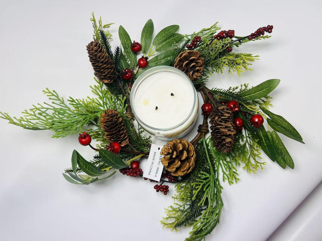 Rustic Pinecone Candle Ring with Berries and Greenery - Winter Christmas Table Centerpiece Decor