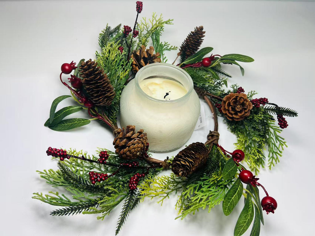 Rustic Pinecone Candle Ring with Berries and Greenery - Winter Christmas Table Centerpiece Decor