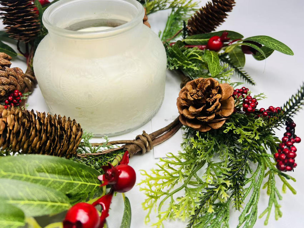 Rustic Pinecone Candle Ring with Berries and Greenery - Winter Christmas Table Centerpiece Decor