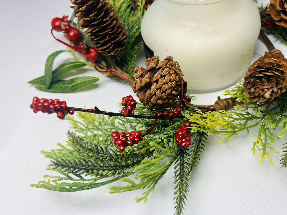 Rustic Pinecone Candle Ring with Berries and Greenery - Winter Christmas Table Centerpiece Decor