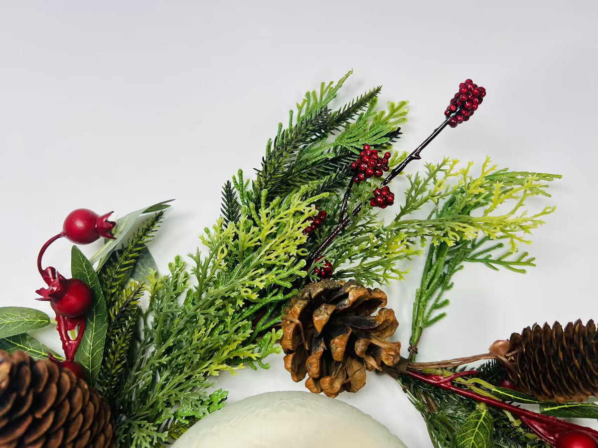Rustic Pinecone Candle Ring with Berries and Greenery - Winter Christmas Table Centerpiece Decor