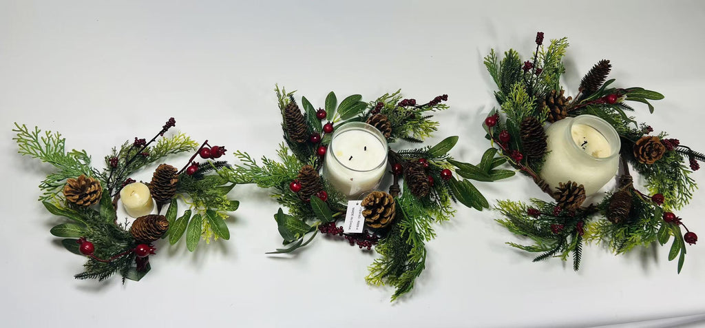 Rustic Pinecone Candle Ring with Berries and Greenery - Winter Christmas Table Centerpiece Decor