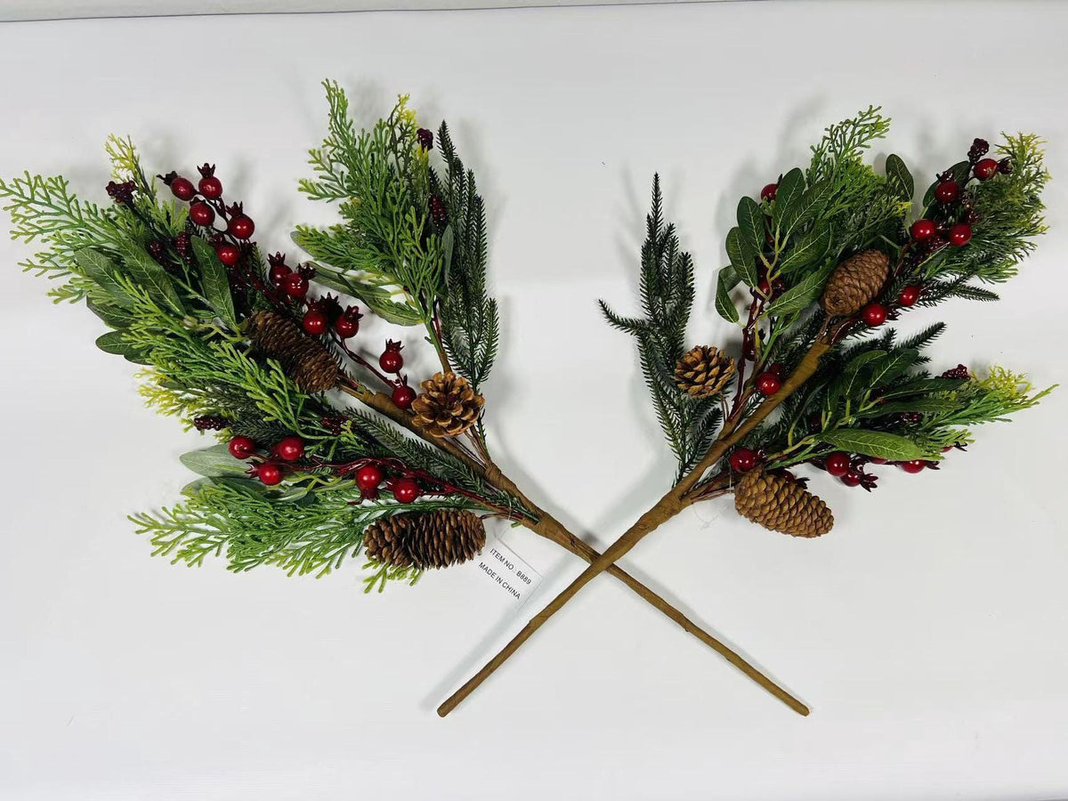 26’’ Artificial Winter Pine Berry Branch with Pinecones, Christmas Greenery Stem Décor