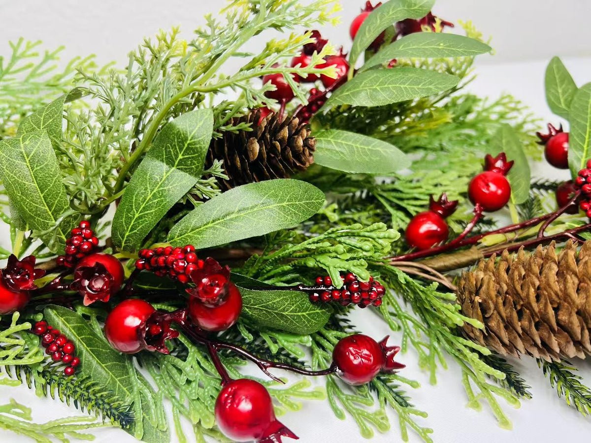 60’’ Christmas Garland with Pinecones and Red Berries, Artificial Winter Greenery Mantel Decor
