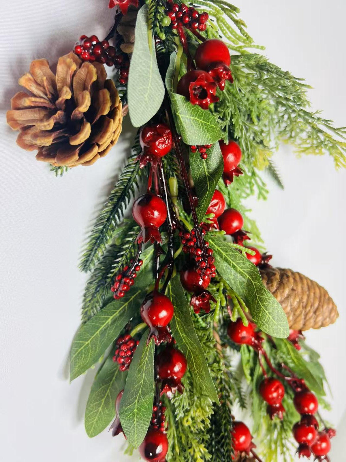 60’’ Christmas Garland with Pinecones and Red Berries, Artificial Winter Greenery Mantel Decor