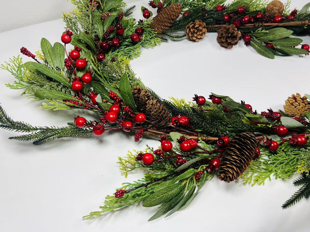 60’’ Christmas Garland with Pinecones and Red Berries, Artificial Winter Greenery Mantel Decor