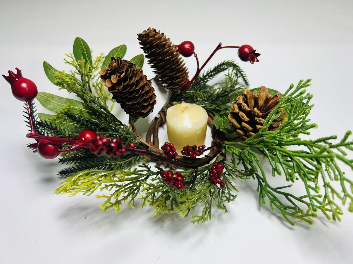 Rustic Pinecone Candle Ring with Berries and Greenery - Winter Christmas Table Centerpiece Decor