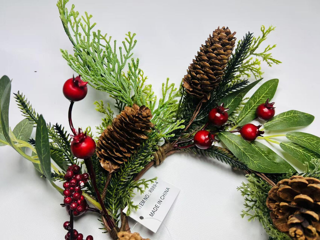 Rustic Pinecone Candle Ring with Berries and Greenery - Winter Christmas Table Centerpiece Decor