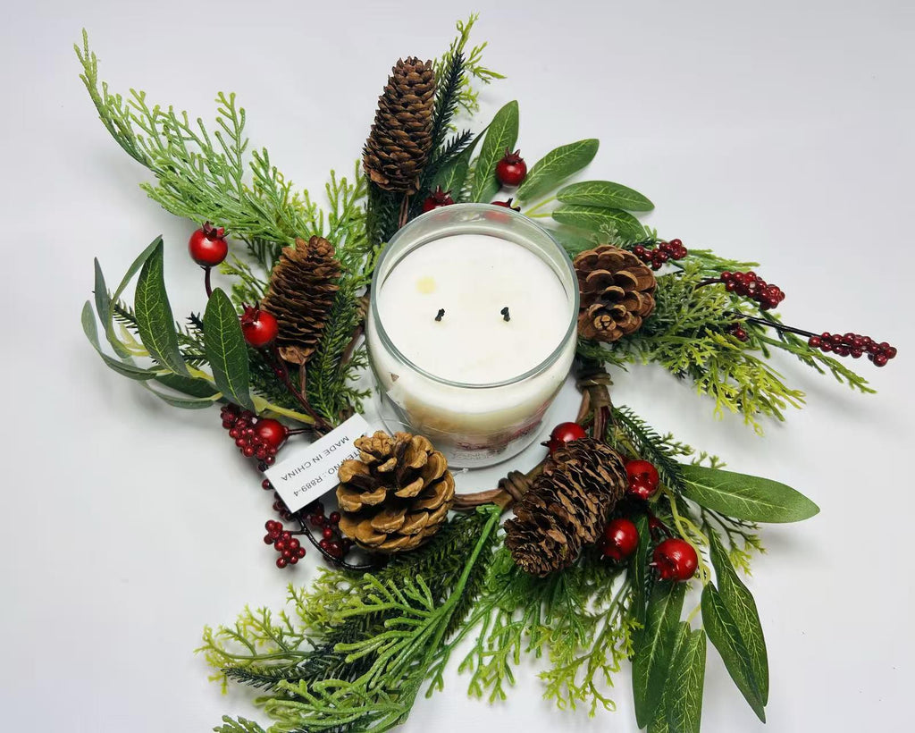 Rustic Pinecone Candle Ring with Berries and Greenery - Winter Christmas Table Centerpiece Decor