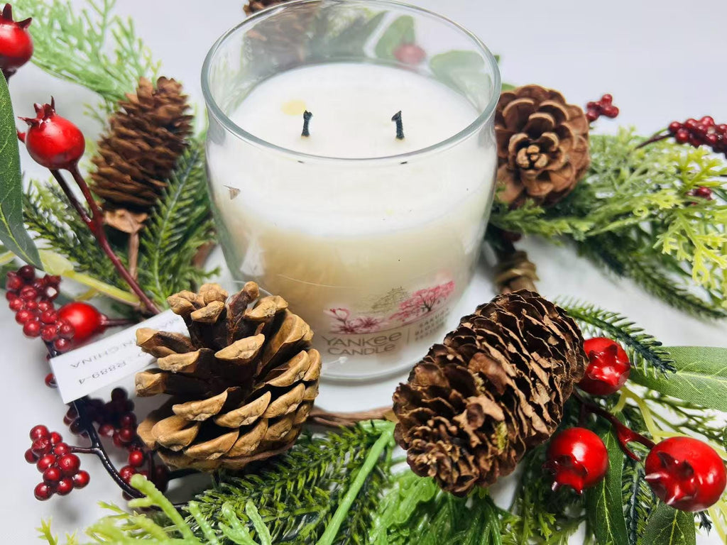 Rustic Pinecone Candle Ring with Berries and Greenery - Winter Christmas Table Centerpiece Decor