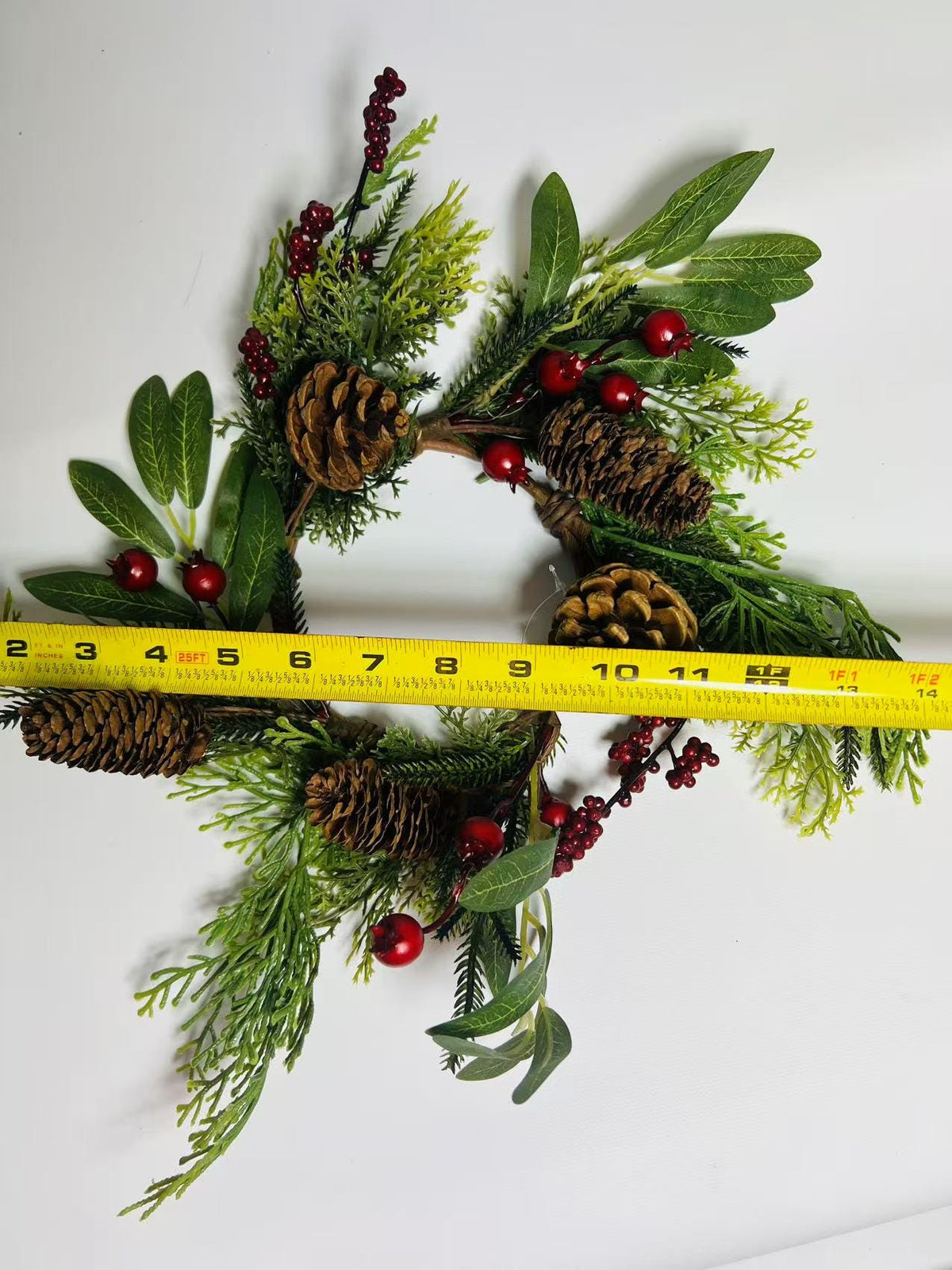 Rustic Pinecone Candle Ring with Berries and Greenery - Winter Christmas Table Centerpiece Decor