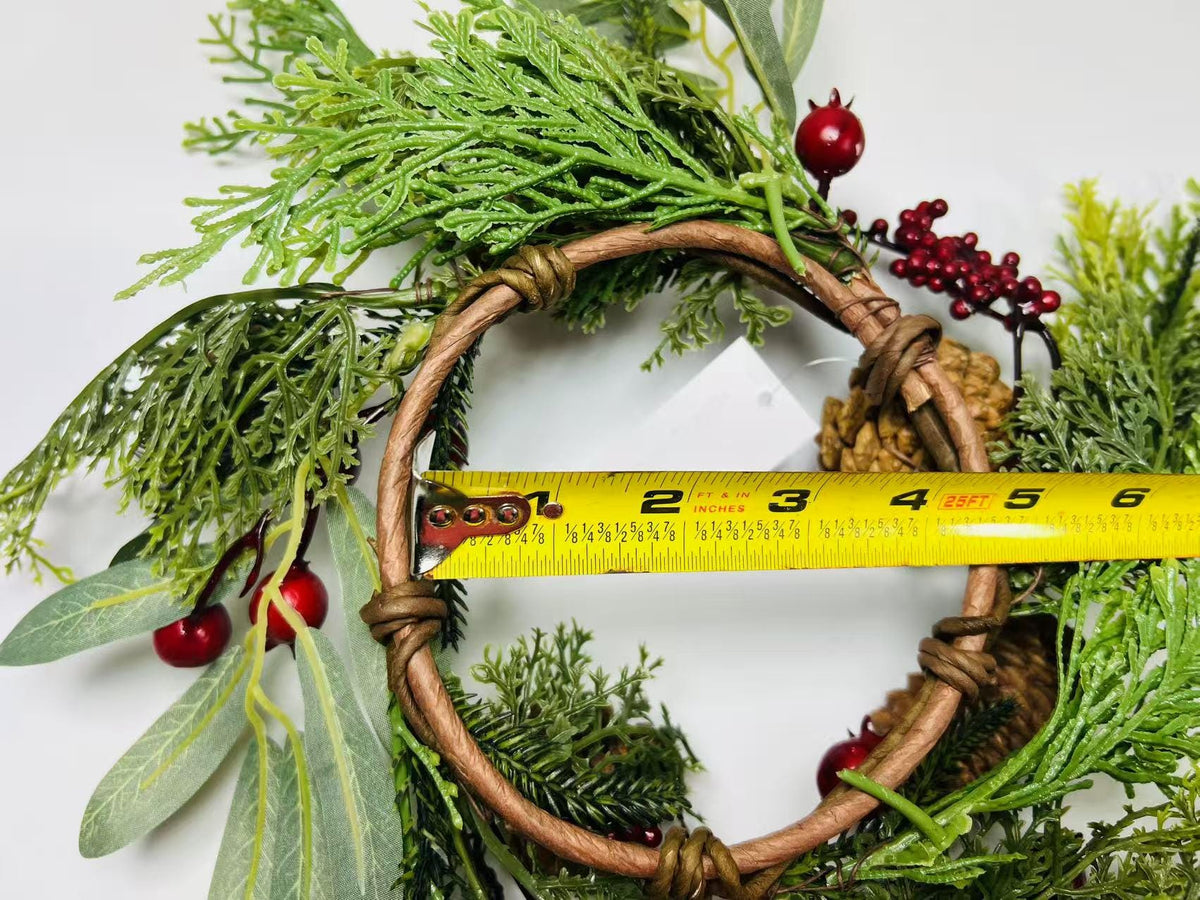 Rustic Pinecone Candle Ring with Berries and Greenery - Winter Christmas Table Centerpiece Decor
