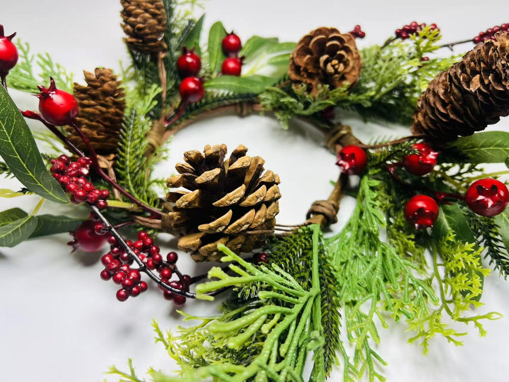 Rustic Pinecone Candle Ring with Berries and Greenery - Winter Christmas Table Centerpiece Decor