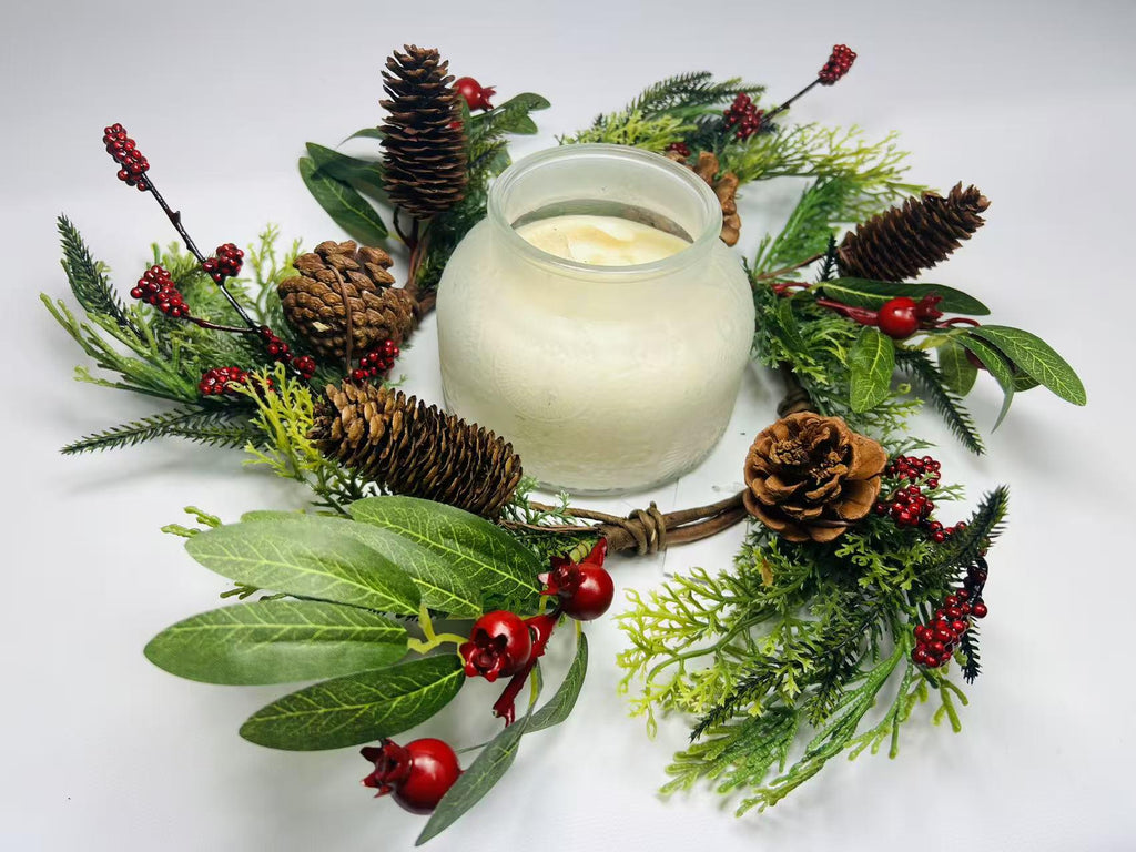 Rustic Pinecone Candle Ring with Berries and Greenery - Winter Christmas Table Centerpiece Decor
