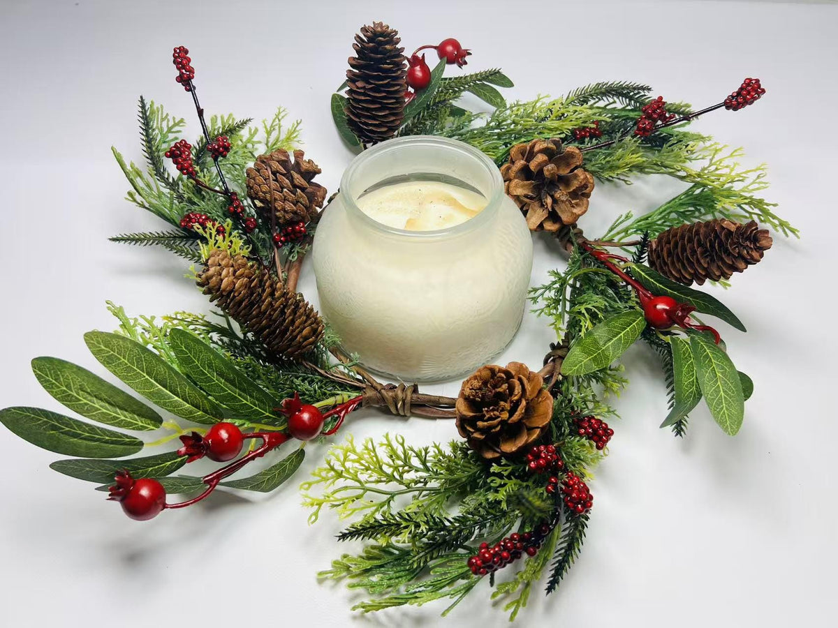 Rustic Pinecone Candle Ring with Berries and Greenery - Winter Christmas Table Centerpiece Decor