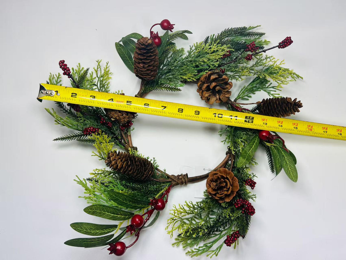 Rustic Pinecone Candle Ring with Berries and Greenery - Winter Christmas Table Centerpiece Decor