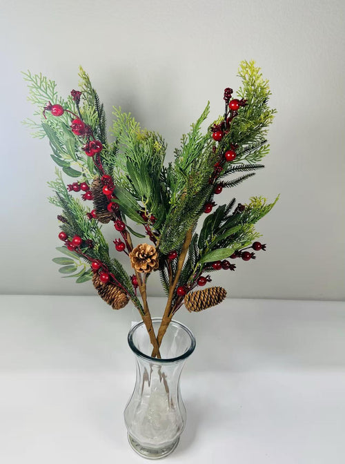 26’’ Artificial Winter Pine Berry Branch with Pinecones, Christmas Greenery Stem Décor