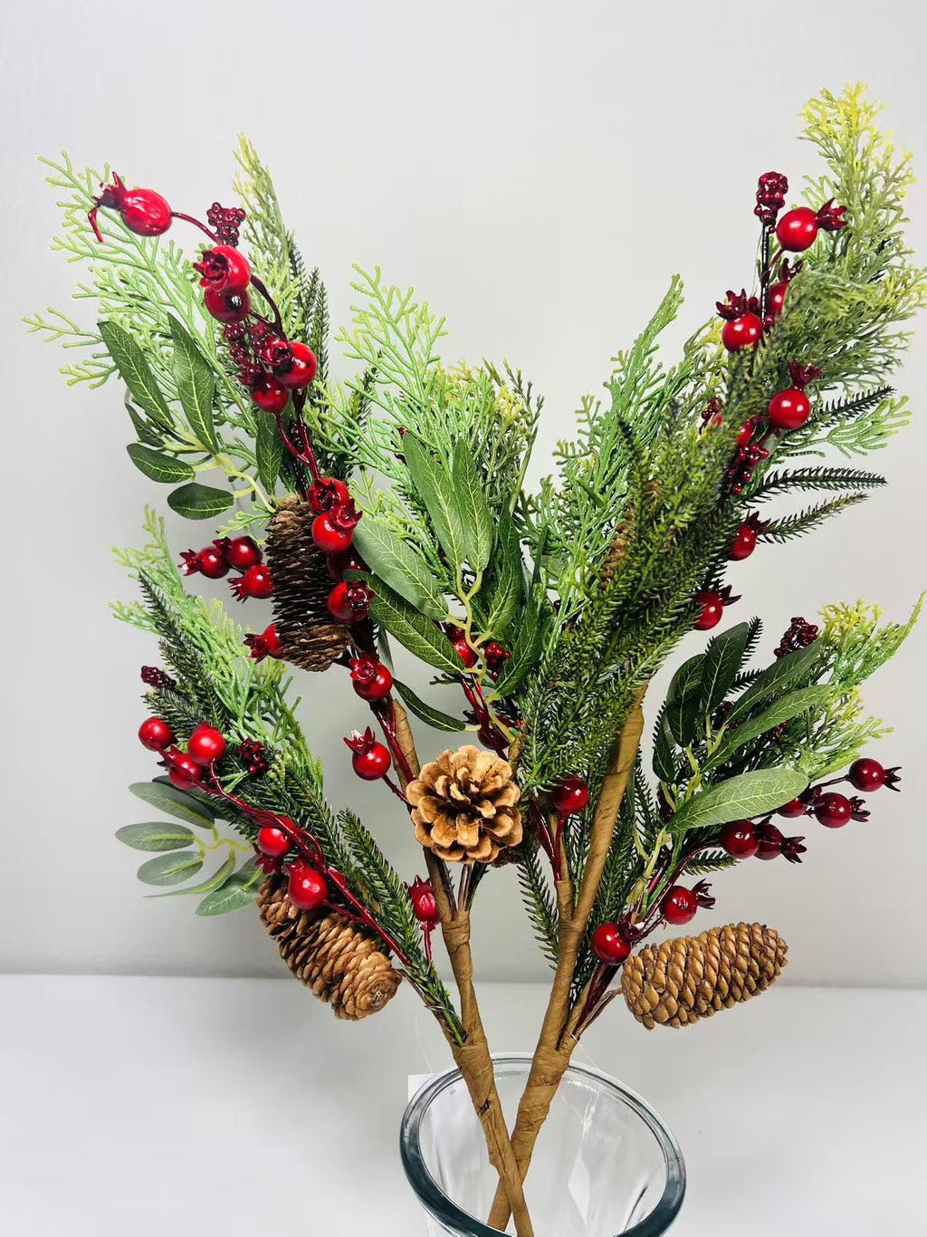 26’’ Artificial Winter Pine Berry Branch with Pinecones, Christmas Greenery Stem Décor