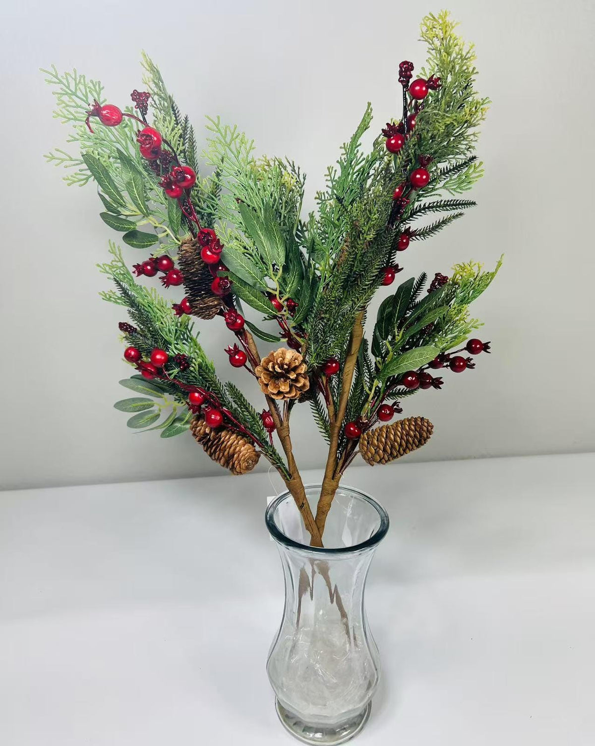 26’’ Artificial Winter Pine Berry Branch with Pinecones, Christmas Greenery Stem Décor