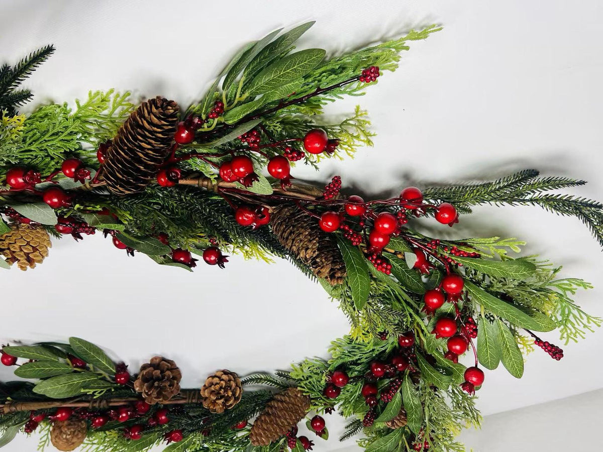 60’’ Christmas Garland with Pinecones and Red Berries, Artificial Winter Greenery Mantel Decor