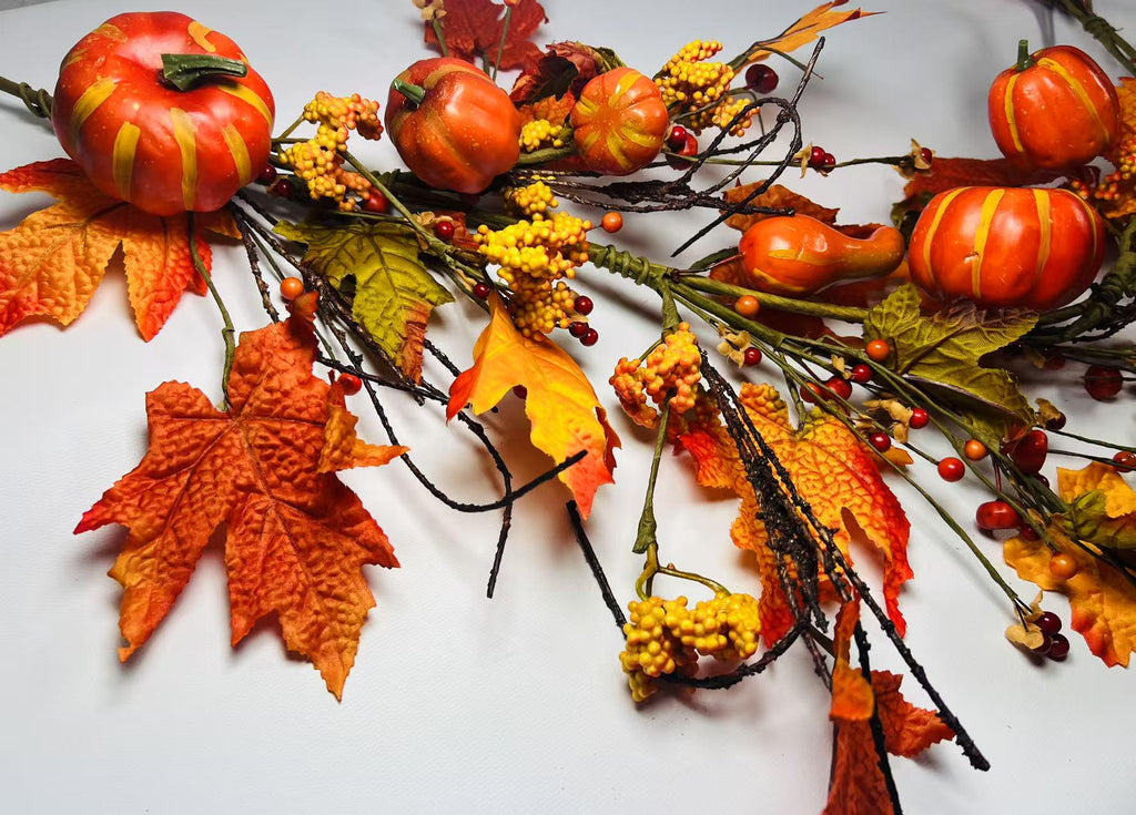 Silk Maple Leaf Fall Garland: Pumpkins & Berries Thanksgiving Decor