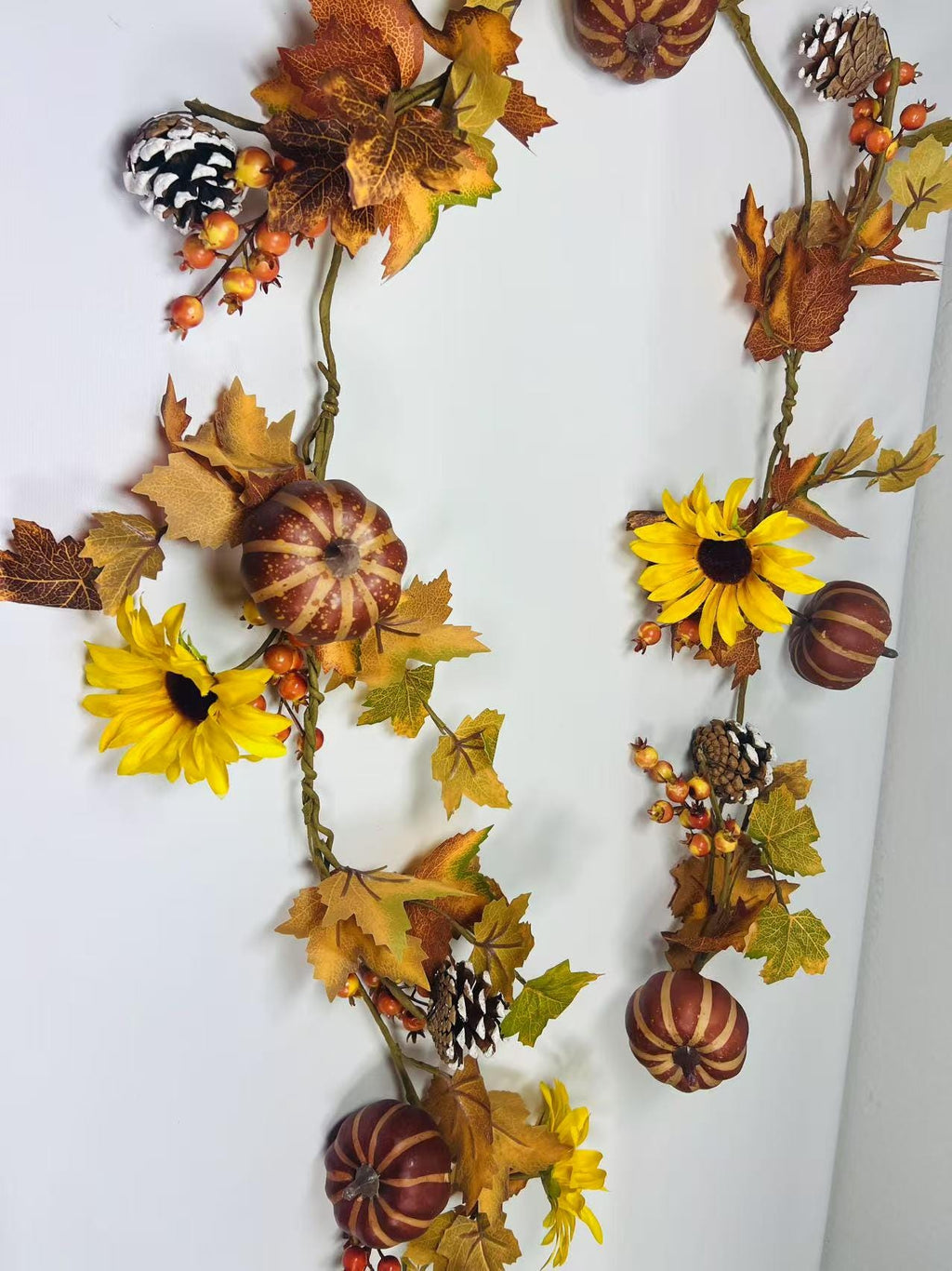 Fall Garland with Pumpkins, Sunflowers, Pinecones, Berries, Autumn Leaves – 5ft Fabric Decor
