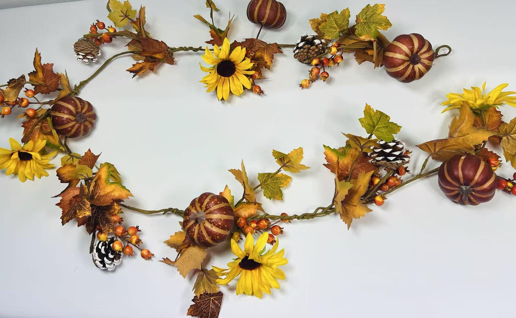 Fall Garland with Pumpkins, Sunflowers, Pinecones, Berries, Autumn Leaves – 5ft Fabric Decor
