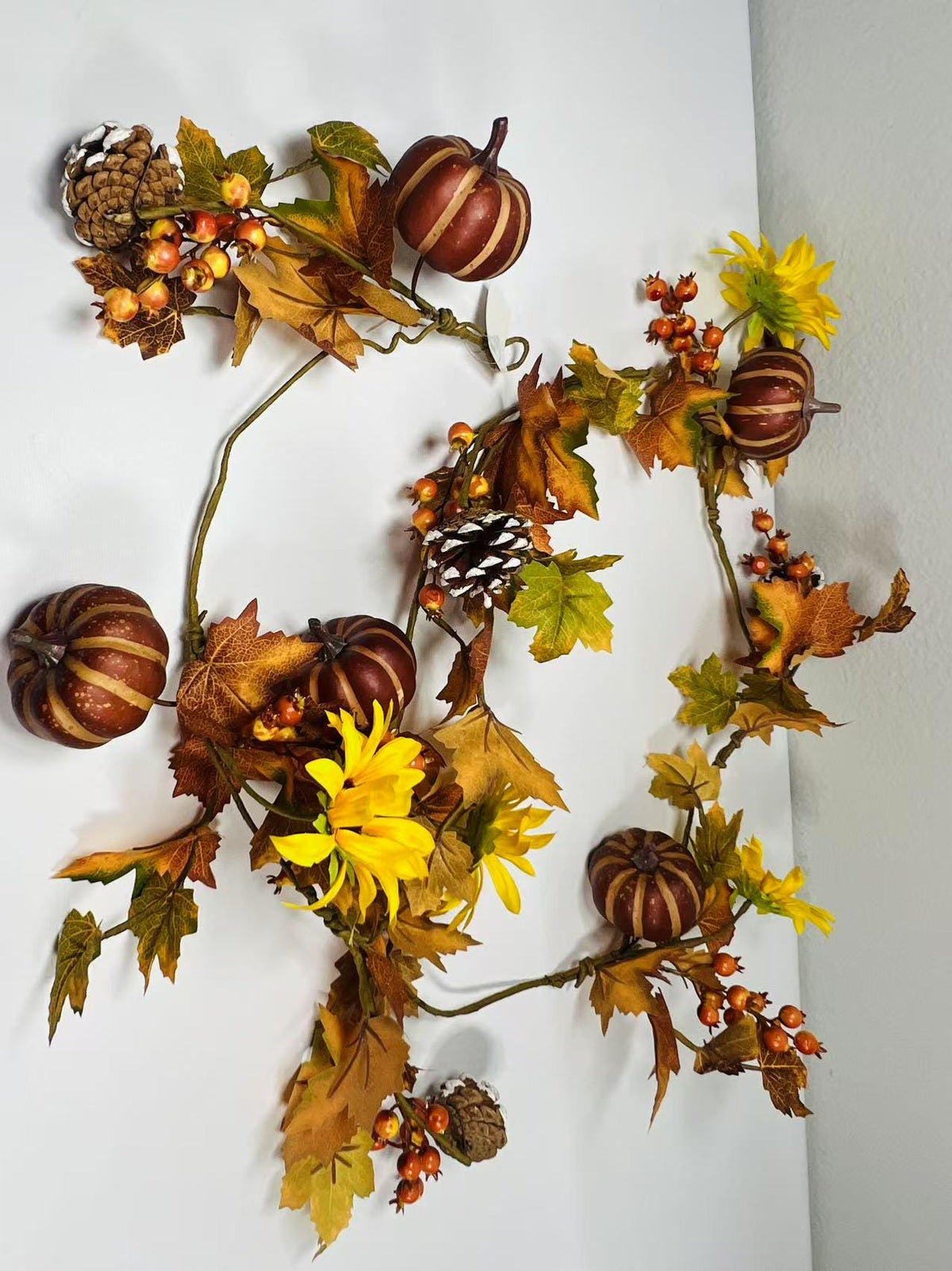 Fall Garland with Pumpkins, Sunflowers, Pinecones, Berries, Autumn Leaves – 5ft Fabric Decor