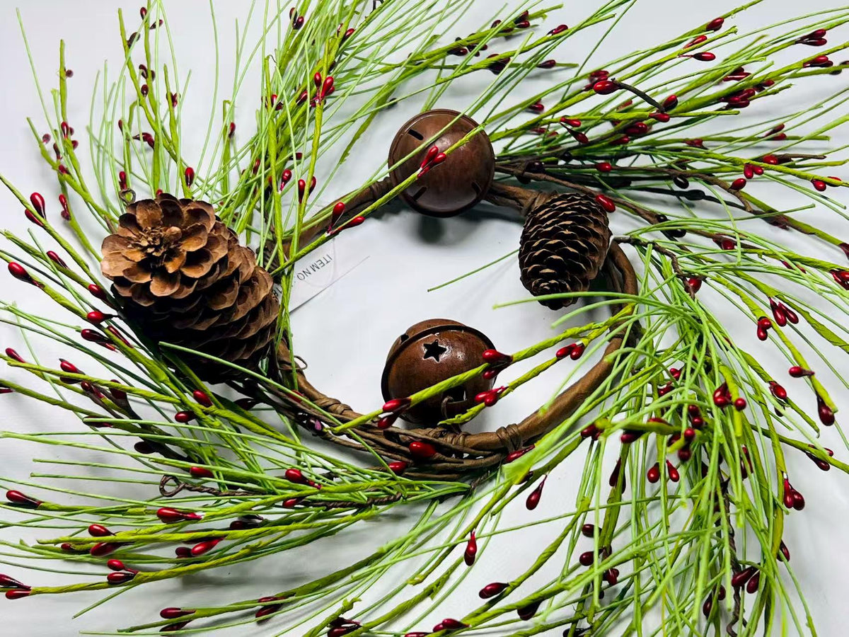Rustic Pinecone Red Berry Mini Wreath, 4.5” Christmas Candle Ring Holiday Decor