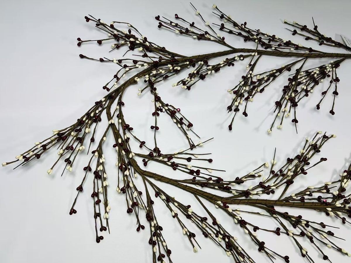 55 Inch Burgundy and Cream Pip Berry Garland, Rustic Country Farmhouse Primitive Decor