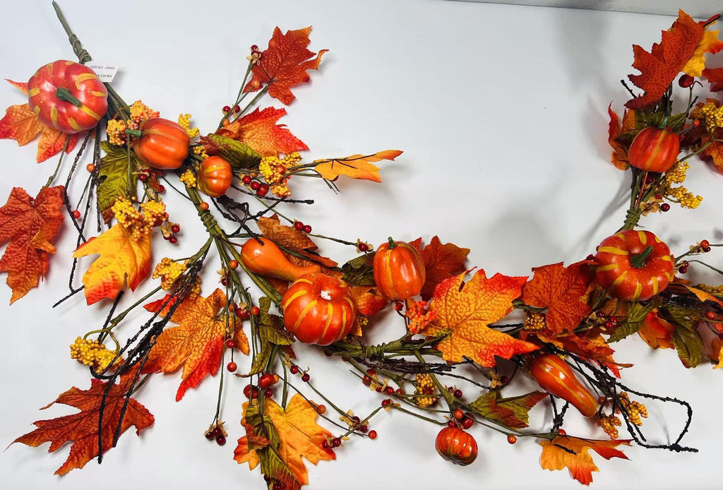 Silk Maple Leaf Fall Garland: Pumpkins & Berries Thanksgiving Decor