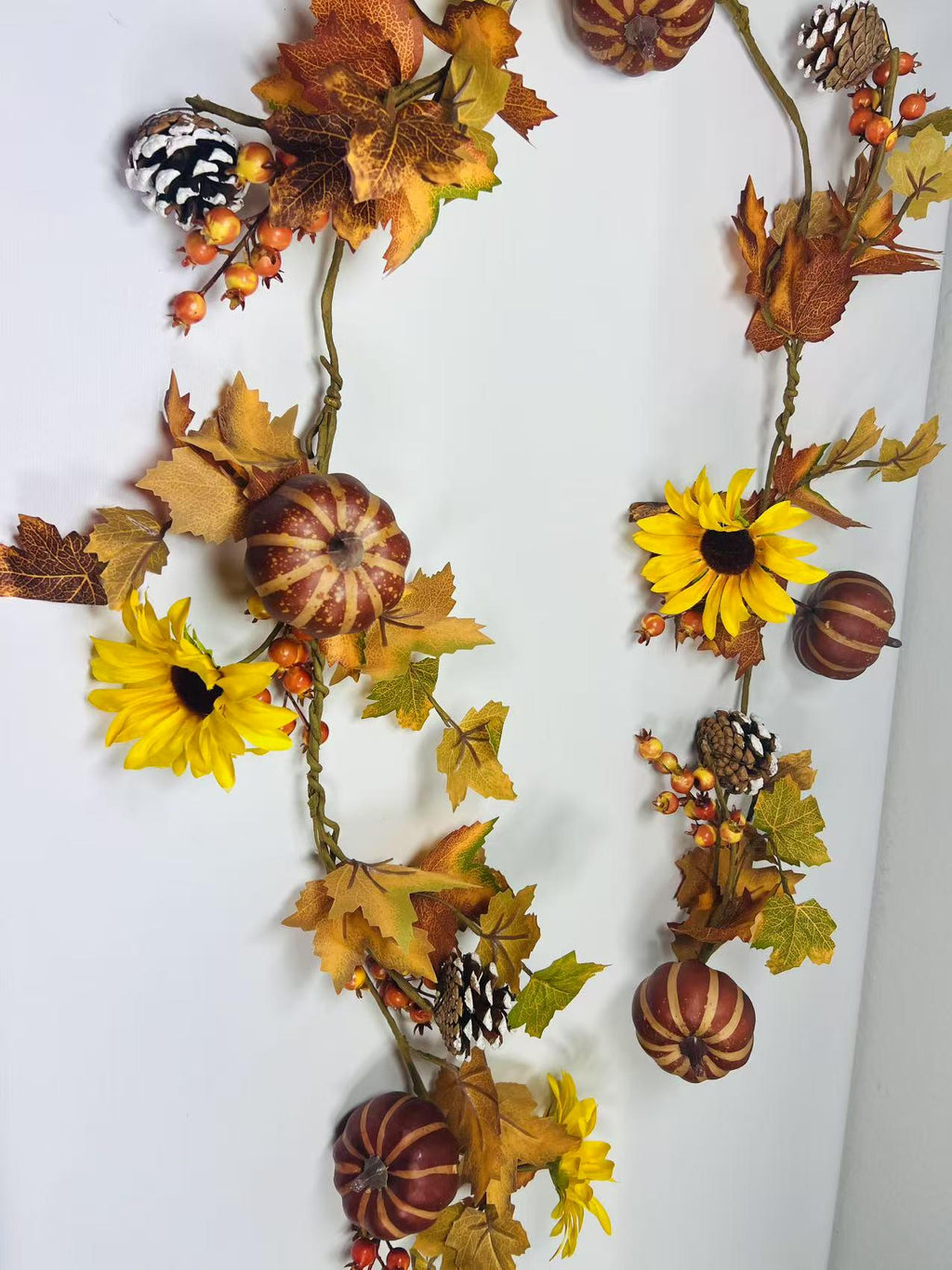 Fall Garland with Pumpkins, Sunflowers, Pinecones, Berries, Autumn Leaves – 5ft Fabric Decor