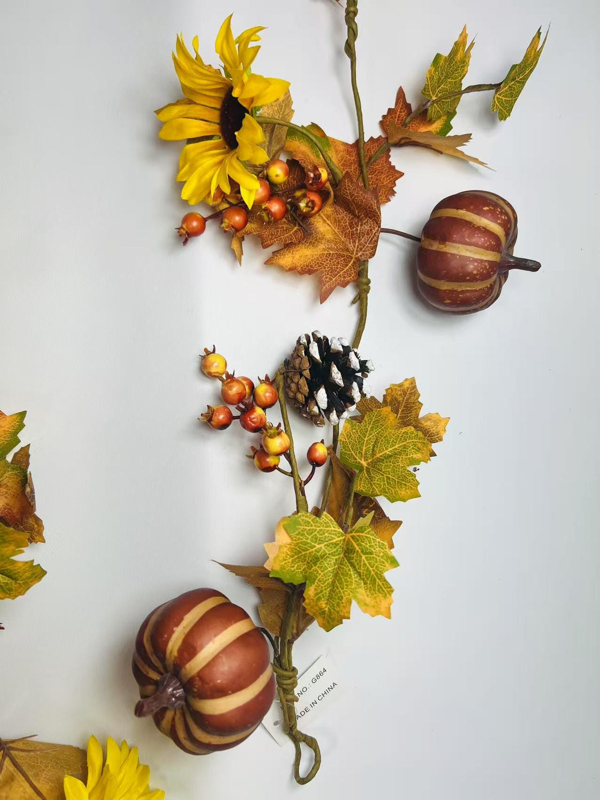 Fall Garland with Pumpkins, Sunflowers, Pinecones, Berries, Autumn Leaves – 5ft Fabric Decor
