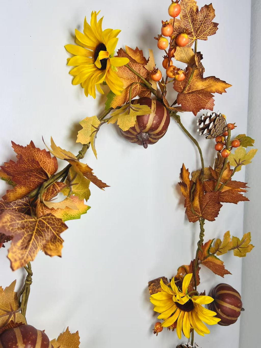 Fall Garland with Pumpkins, Sunflowers, Pinecones, Berries, Autumn Leaves – 5ft Fabric Decor