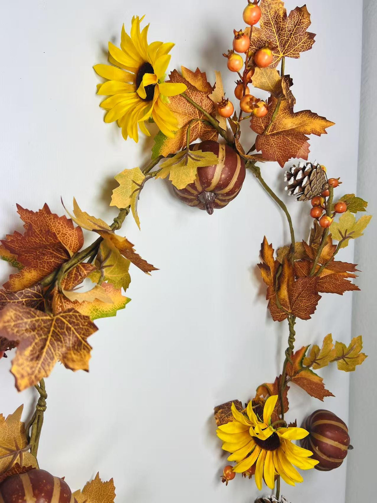 Fall Garland with Pumpkins, Sunflowers, Pinecones, Berries, Autumn Leaves – 5ft Fabric Decor