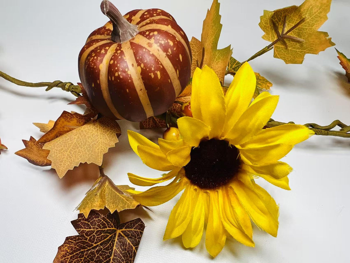 Fall Garland with Pumpkins, Sunflowers, Pinecones, Berries, Autumn Leaves – 5ft Fabric Decor
