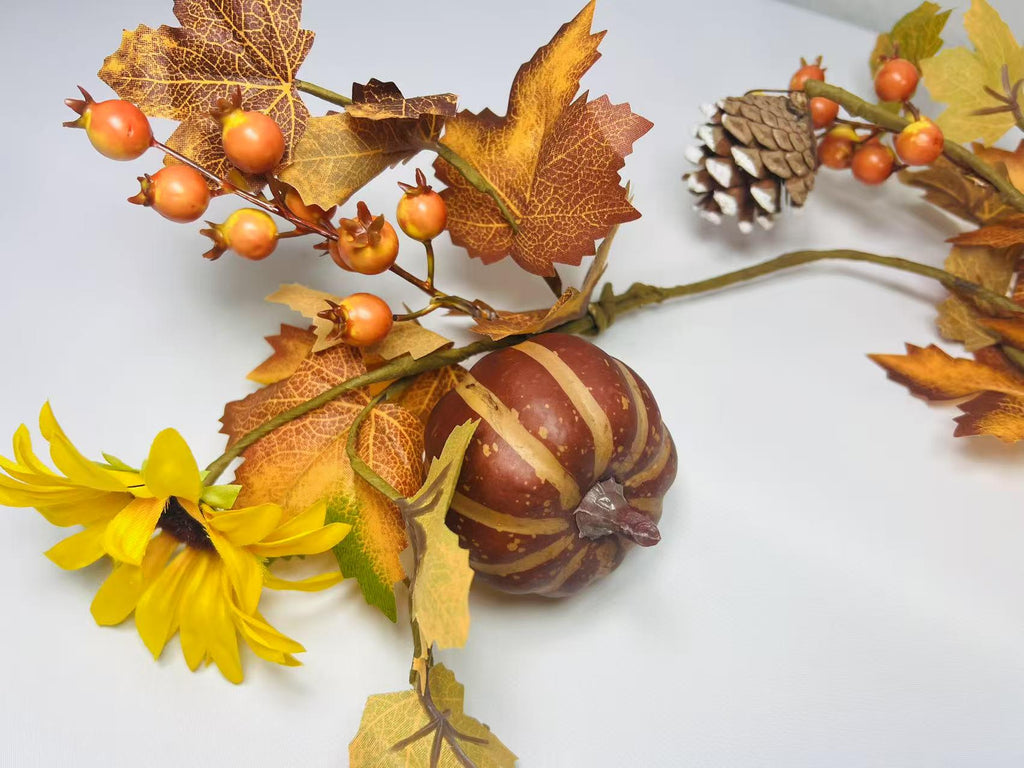 Fall Garland with Pumpkins, Sunflowers, Pinecones, Berries, Autumn Leaves – 5ft Fabric Decor