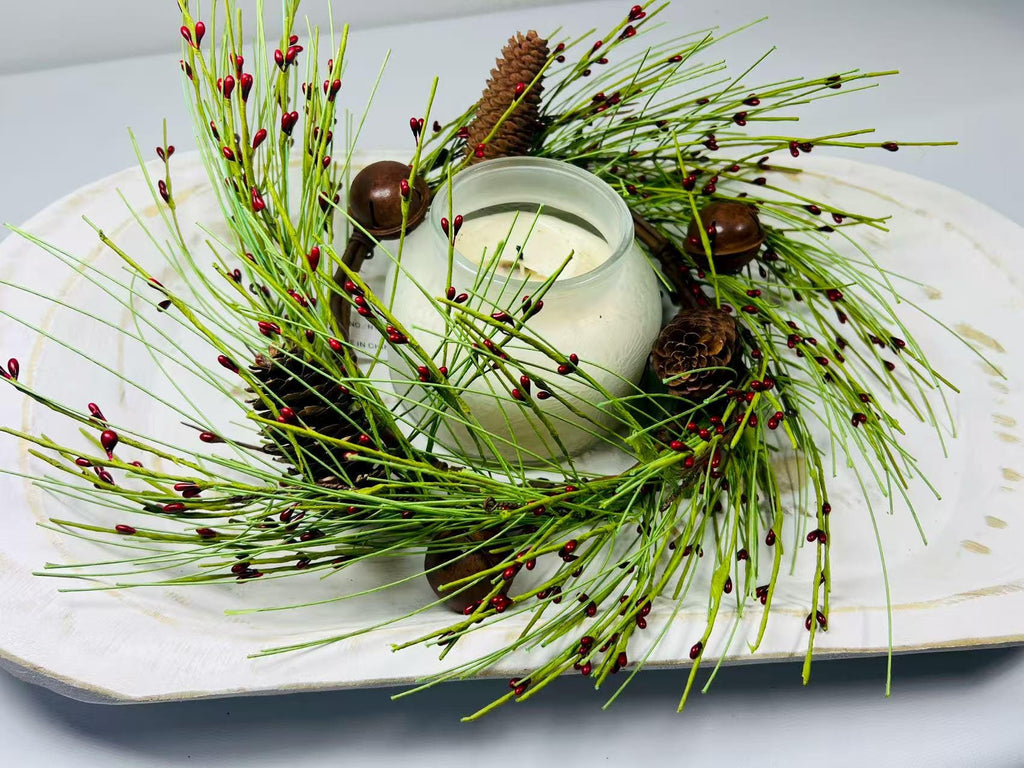 Rustic Pinecone Red Berry Mini Wreath,  6.5” Christmas Candle Ring Holiday Decor