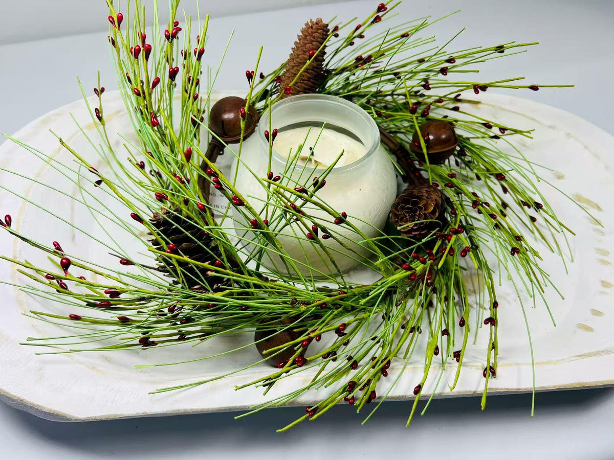Rustic Pinecone Red Berry Mini Wreath,  6.5” Christmas Candle Ring Holiday Decor