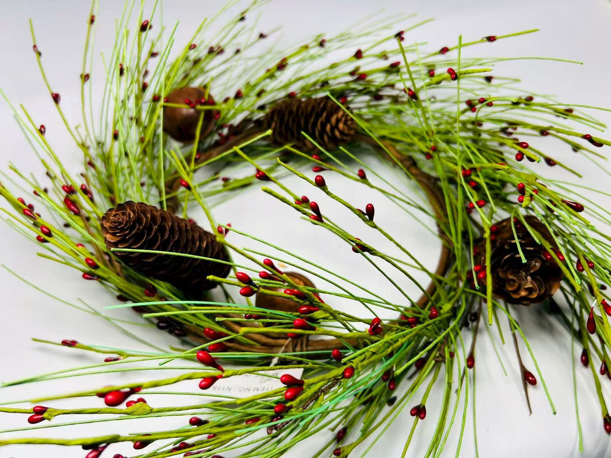 Rustic Pinecone Red Berry Mini Wreath,  6.5” Christmas Candle Ring Holiday Decor