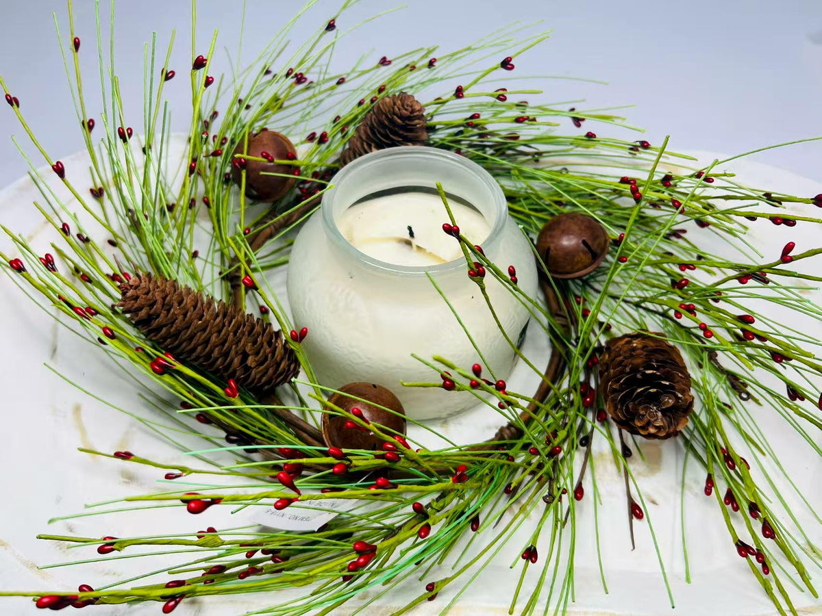 Rustic Pinecone Red Berry Mini Wreath,  6.5” Christmas Candle Ring Holiday Decor