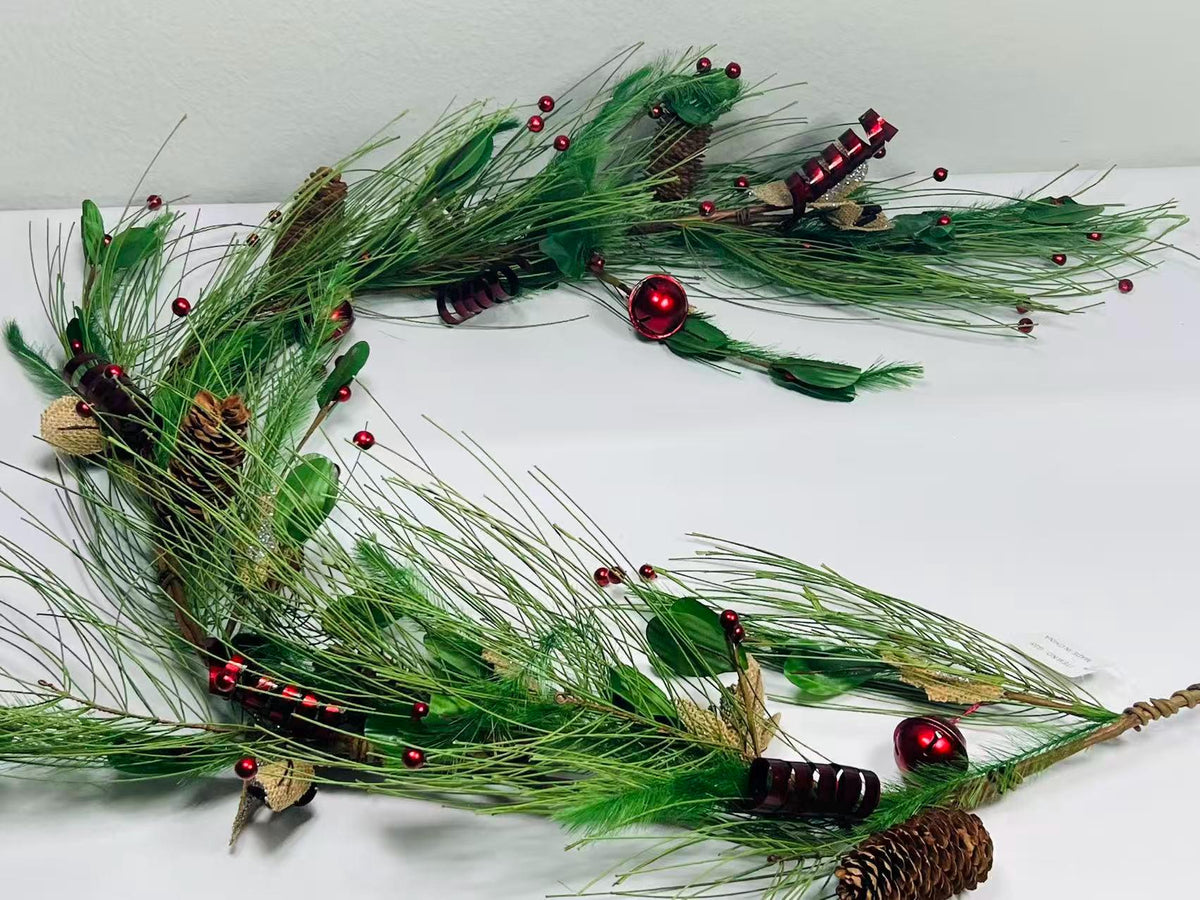 5ft Christmas Pine Garland with Pinecones, Red Bells, Berries & Rustic Burlap Accents