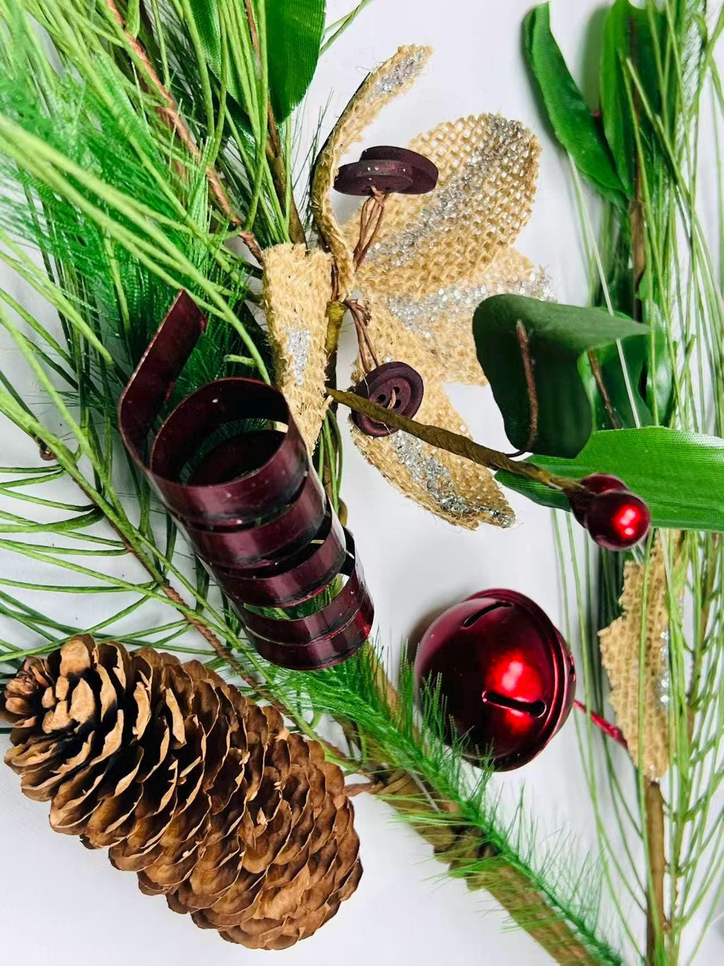 5ft Christmas Pine Garland with Pinecones, Red Bells, Berries & Rustic Burlap Accents